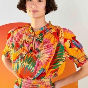 Farm Rio Colorful Toucan Puff Sleeve Blouse With Collar Tassels Vibrant Sz Small